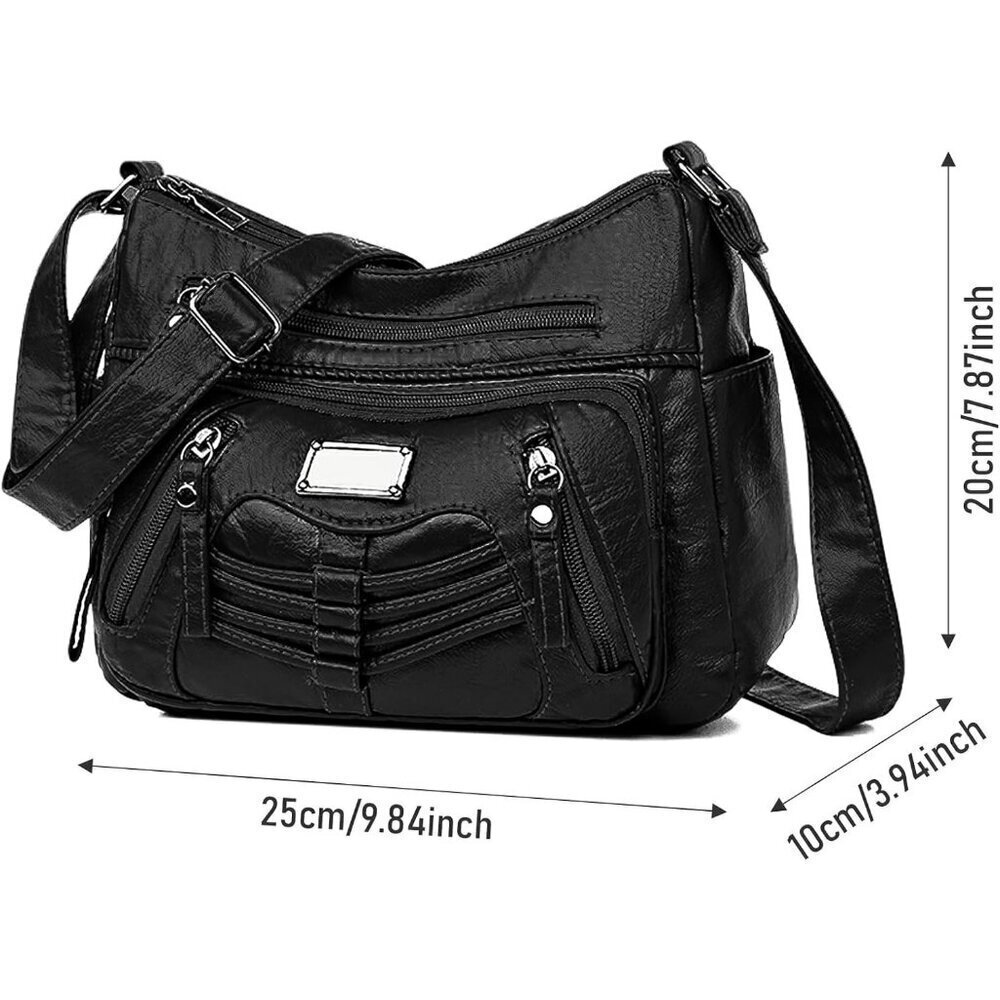 Women's Black Soft Pu Leather Multi-pocket Shoulder Bag Medium Cross-body Purse - Picture 3 of 8